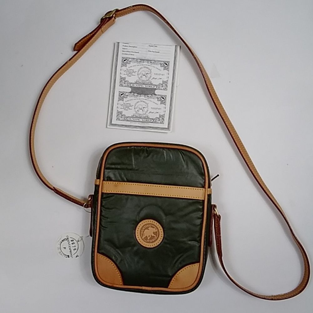 VTG,HUNTING WORLD Nylon Leather Crossbody Bag Green And Tan $200 FOR ONE